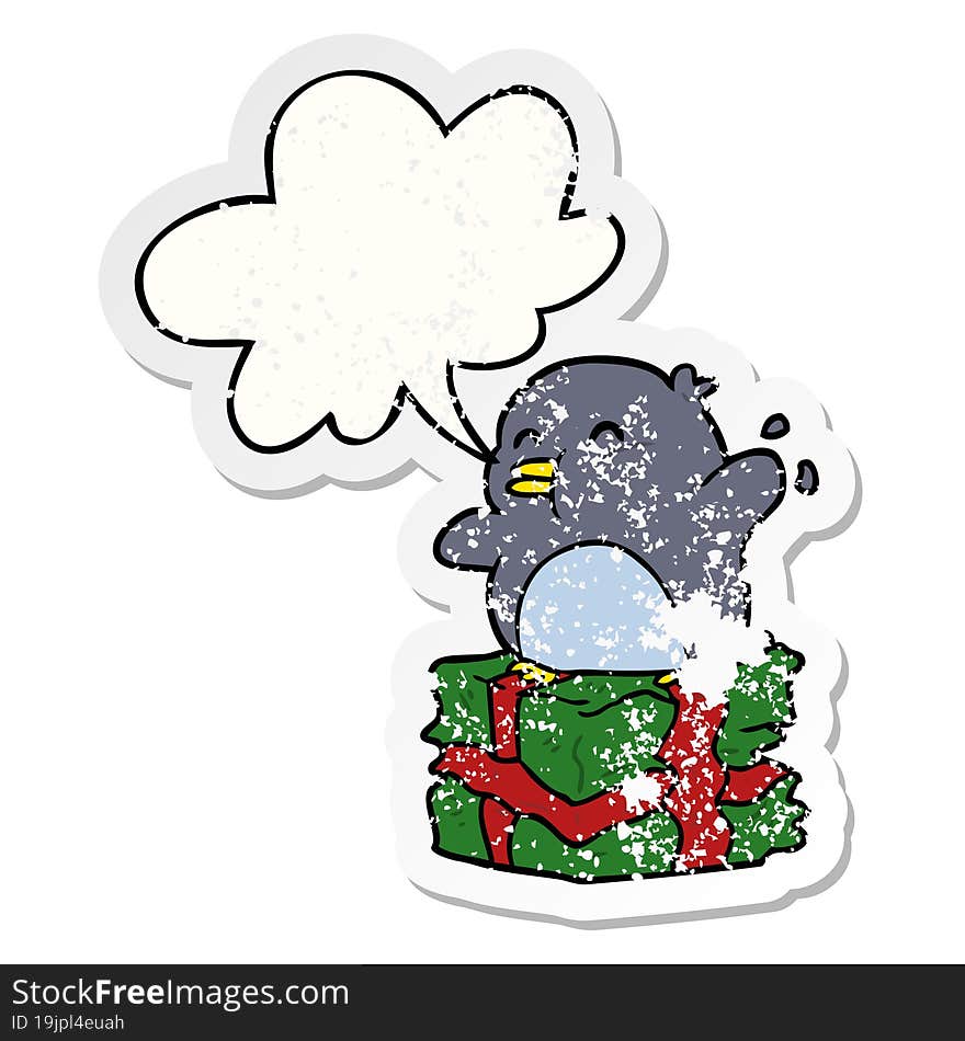 cartoon penguin on wrapped present and speech bubble distressed sticker