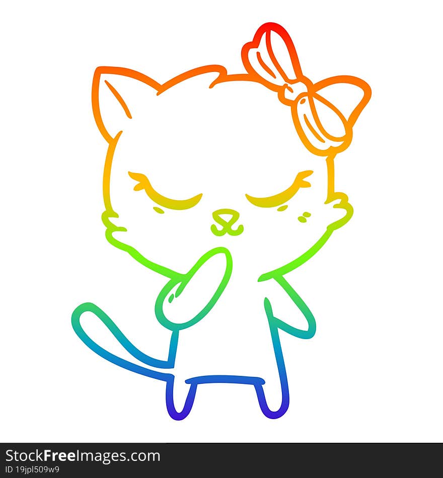 rainbow gradient line drawing of a cute cartoon cat with bow