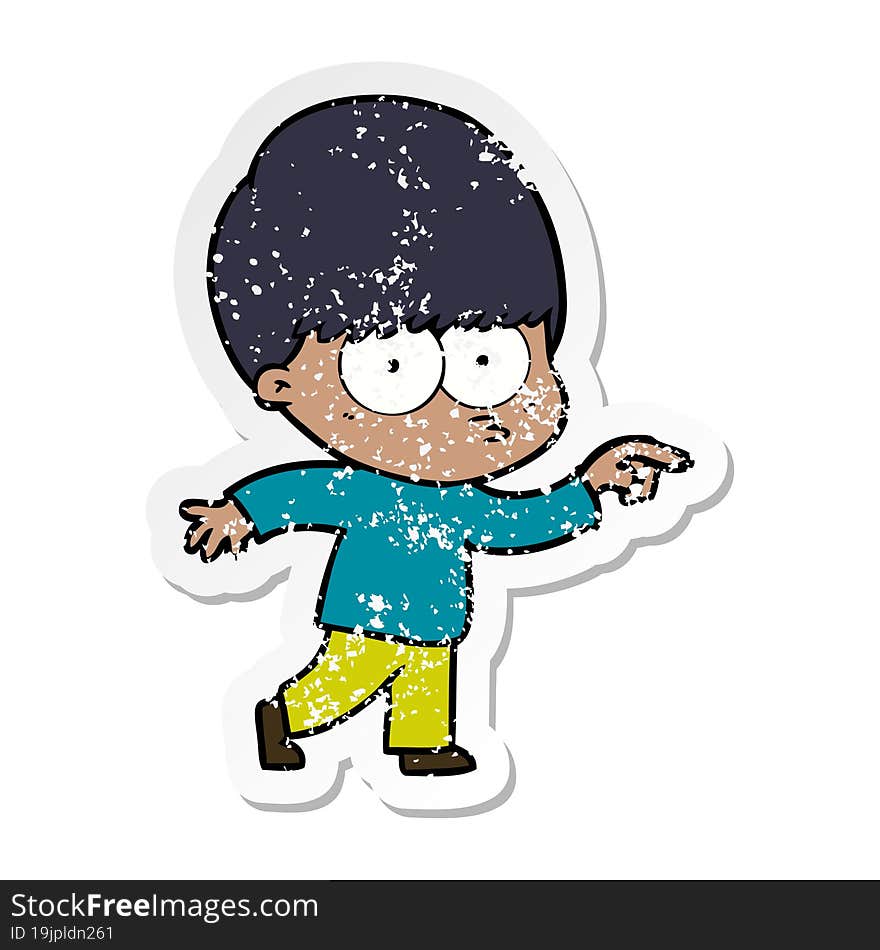 distressed sticker of a nervous cartoon boy