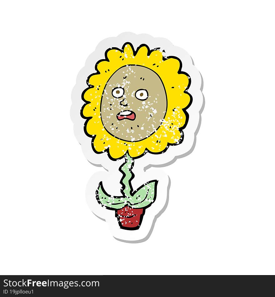 retro distressed sticker of a cartoon flower with face