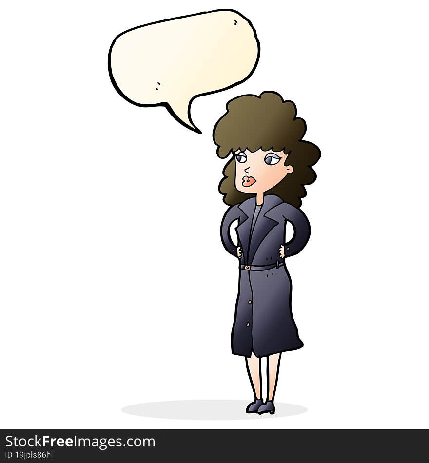 cartoon woman in trench coat with speech bubble