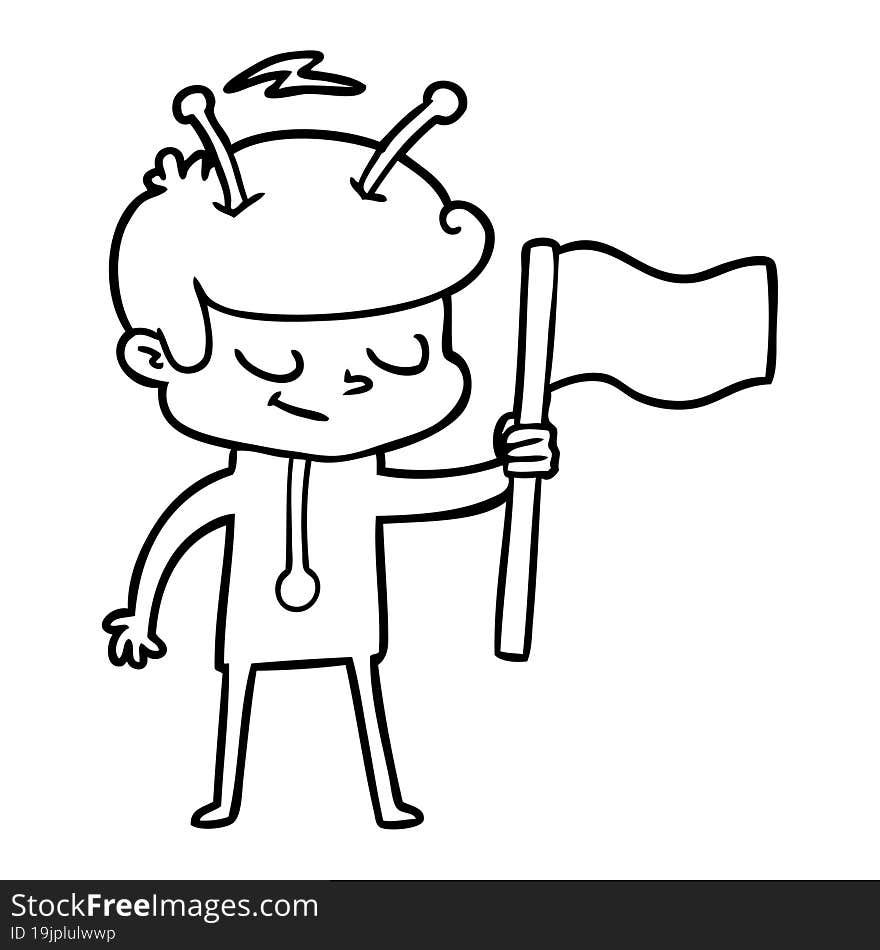 friendly cartoon spaceman with white flag. friendly cartoon spaceman with white flag