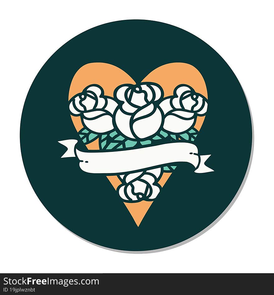 sticker of tattoo in traditional style of a heart and banner with flowers. sticker of tattoo in traditional style of a heart and banner with flowers