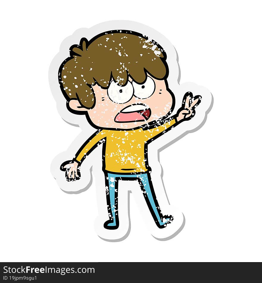 Distressed Sticker Of A Worried Cartoon Boy