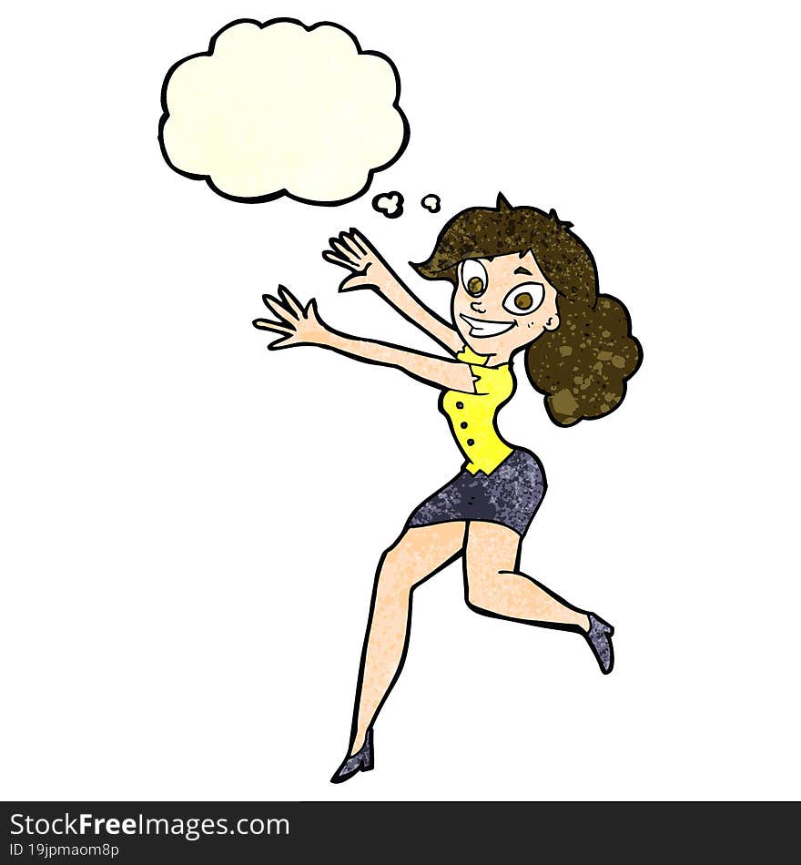 cartoon happy woman jumping with thought bubble