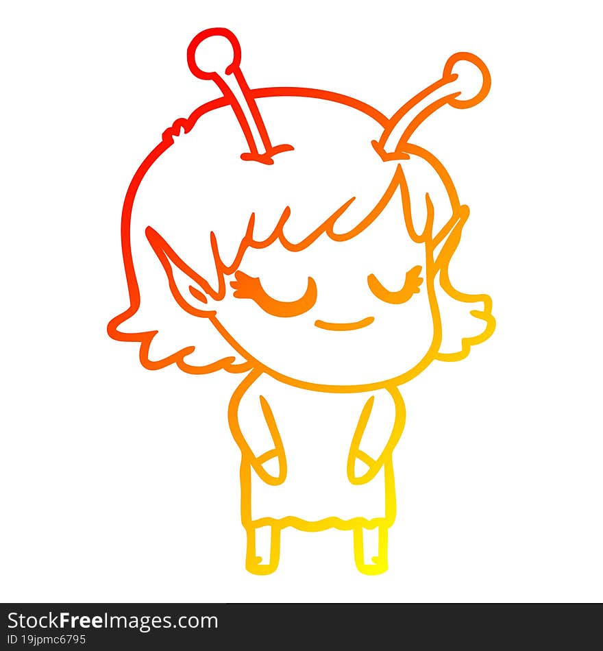 warm gradient line drawing smiling alien girl cartoon