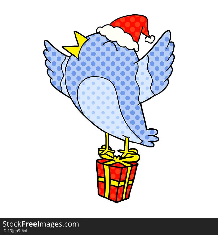 Comic Book Style Illustration Of A Bird Wearing Santa Hat