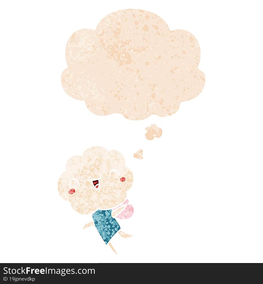 cute cartoon cloud head creature with thought bubble in grunge distressed retro textured style. cute cartoon cloud head creature with thought bubble in grunge distressed retro textured style