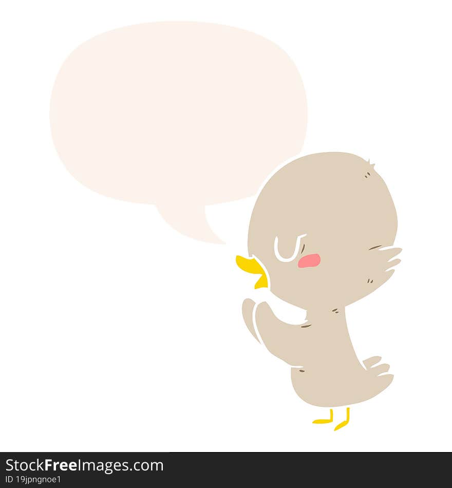 cute cartoon duckling with speech bubble in retro style