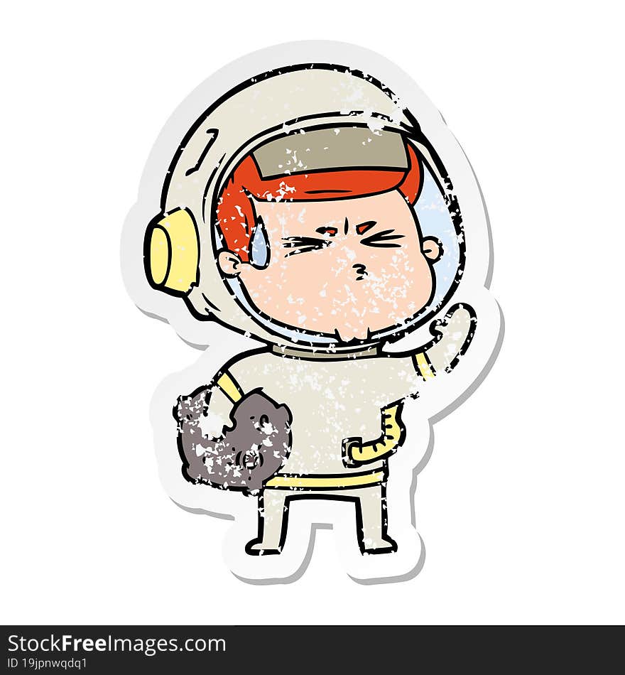 distressed sticker of a cartoon stressed astronaut