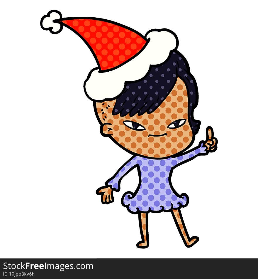 cute comic book style illustration of a girl with hipster haircut wearing santa hat