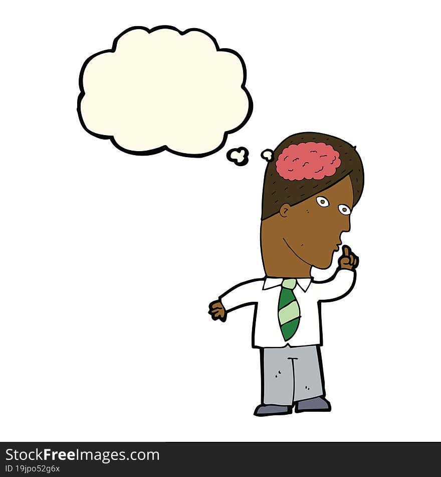 cartoon businessman with huge brain with thought bubble