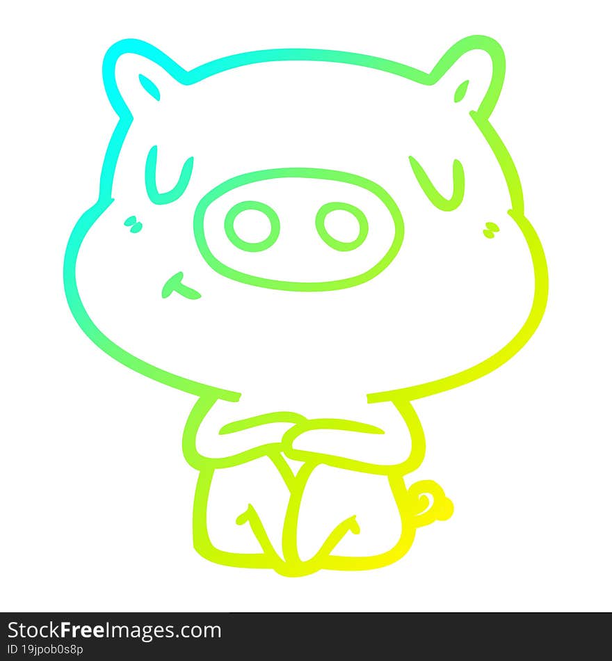 cold gradient line drawing of a cartoon content pig meditating