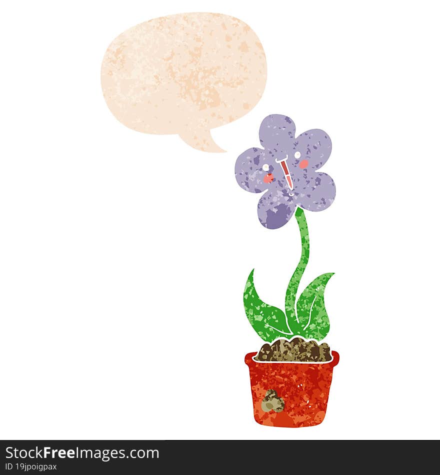 cute cartoon flower and speech bubble in retro textured style