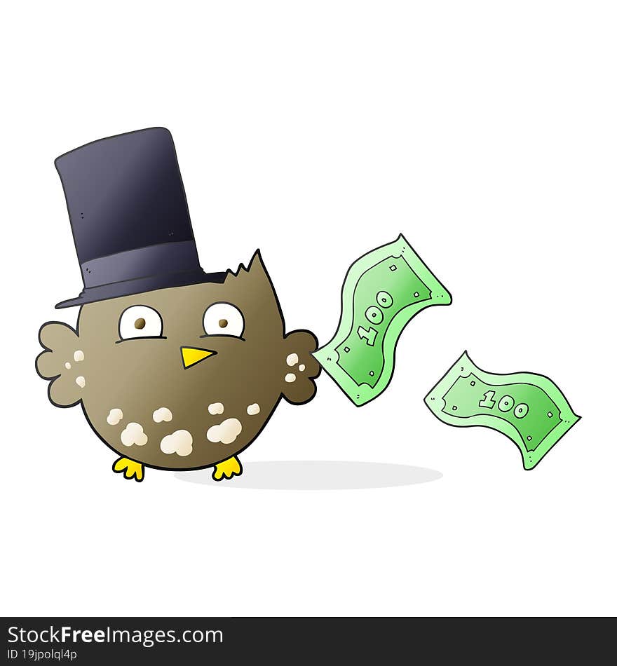 freehand drawn cartoon wealthy little owl with top hat