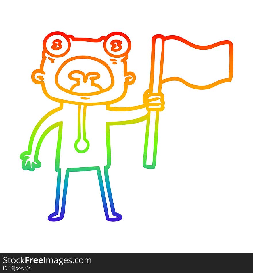 rainbow gradient line drawing cartoon weird alien with flag