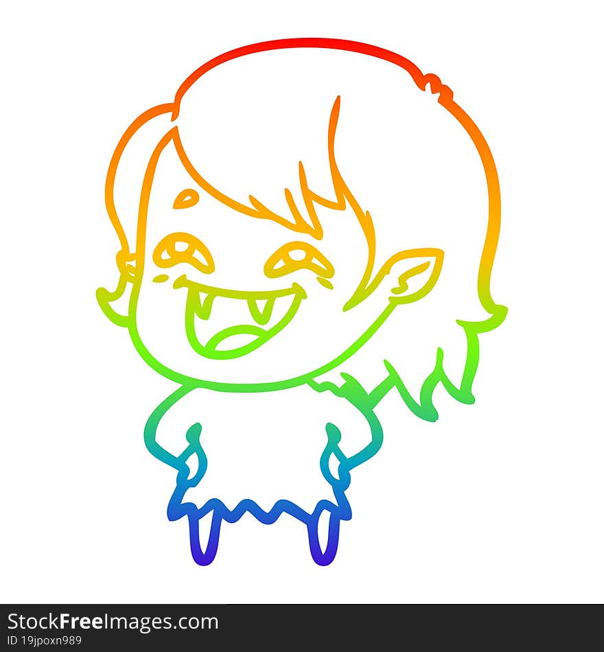 rainbow gradient line drawing of a cartoon laughing vampire girl