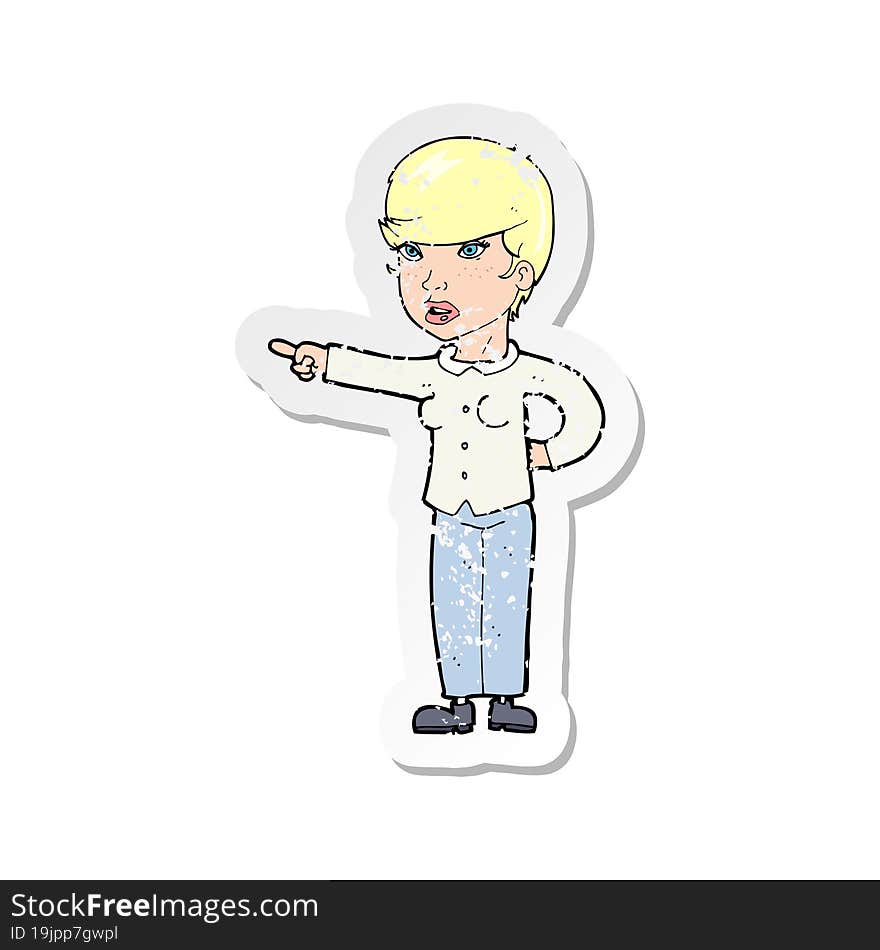 Retro Distressed Sticker Of A Cartoon Woman Pointing Finger Of Blame