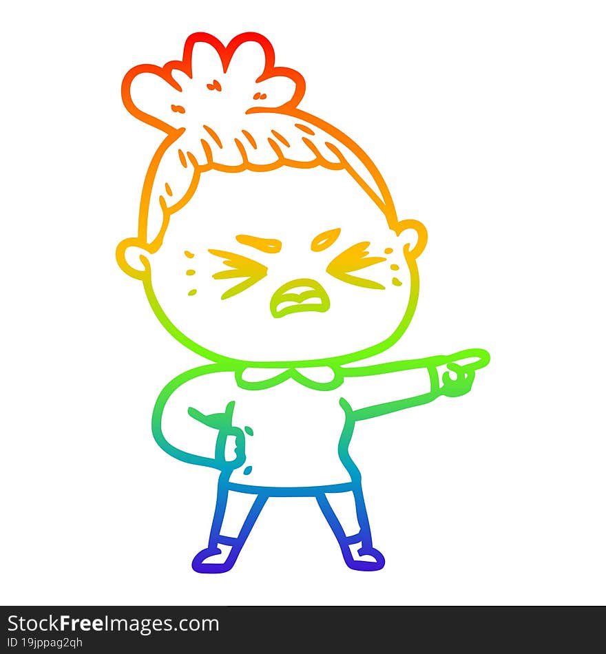 rainbow gradient line drawing of a cartoon angry woman