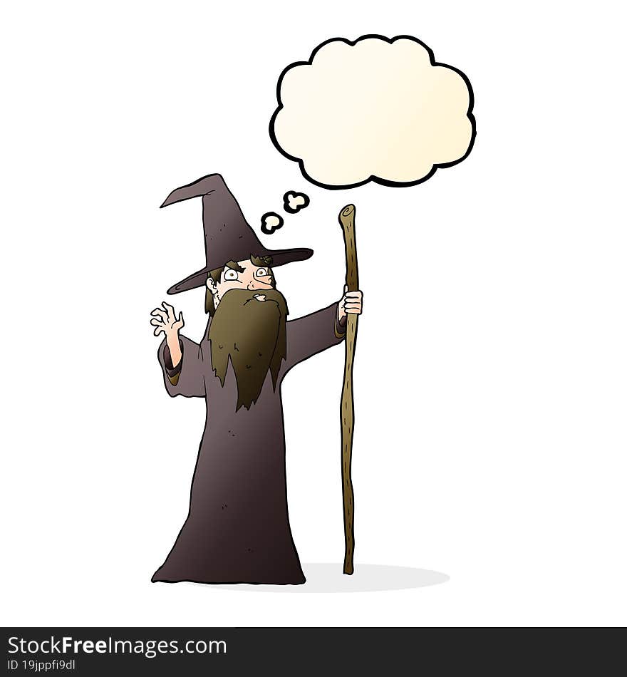 cartoon old wizard with thought bubble