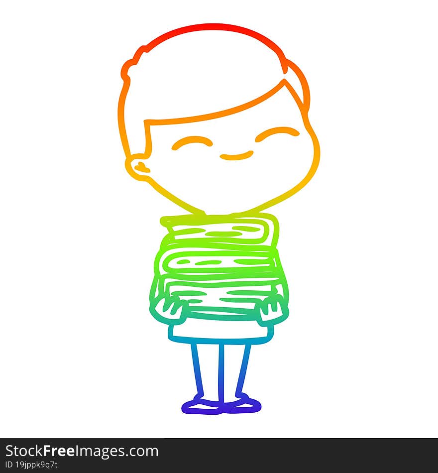 Rainbow Gradient Line Drawing Cartoon Smiling Boy With Stack Of Books