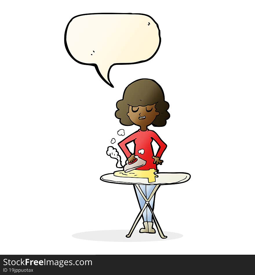 cartoon woman ironing with speech bubble