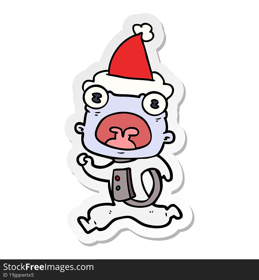 hand drawn sticker cartoon of a weird alien running away wearing santa hat