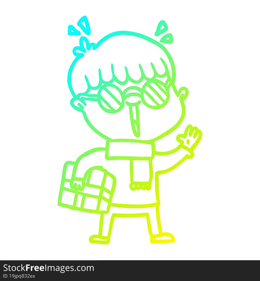 cold gradient line drawing cartoon boy with parcel waving