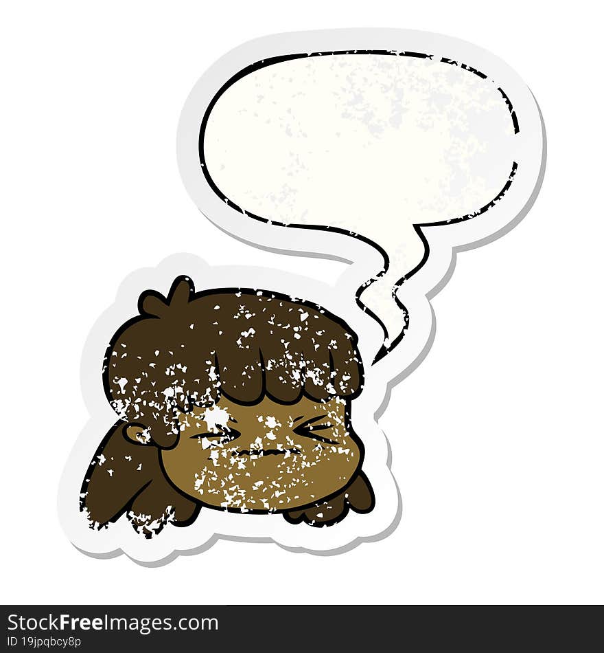 cartoon female face and speech bubble distressed sticker