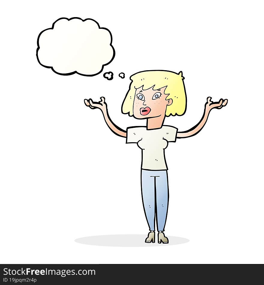 cartoon woman holding up hands with thought bubble