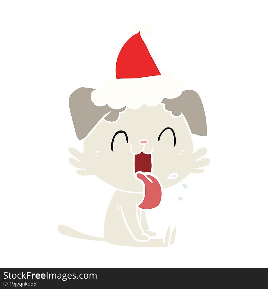 flat color illustration of a panting dog wearing santa hat