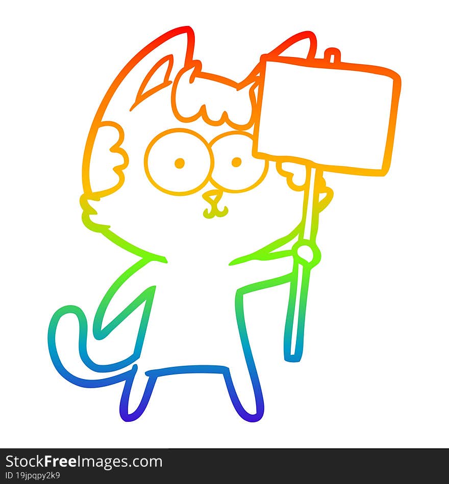 rainbow gradient line drawing of a happy cartoon cat with sign