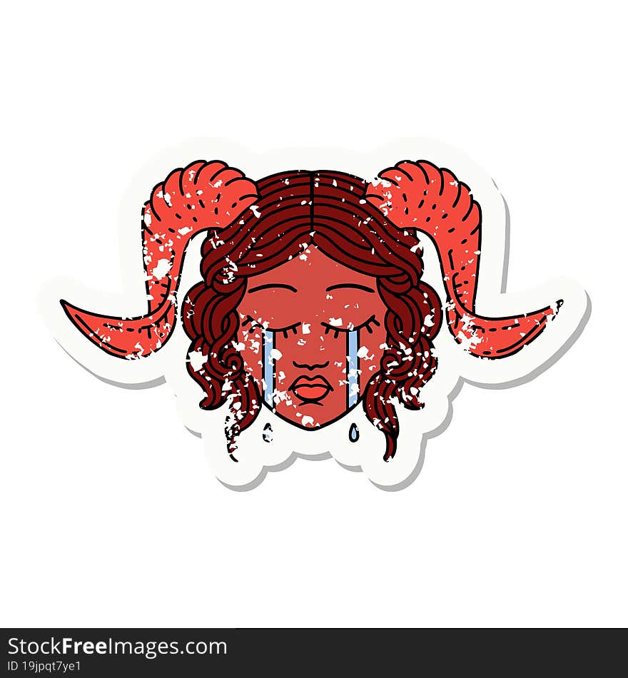 grunge sticker of a crying tiefling character face. grunge sticker of a crying tiefling character face