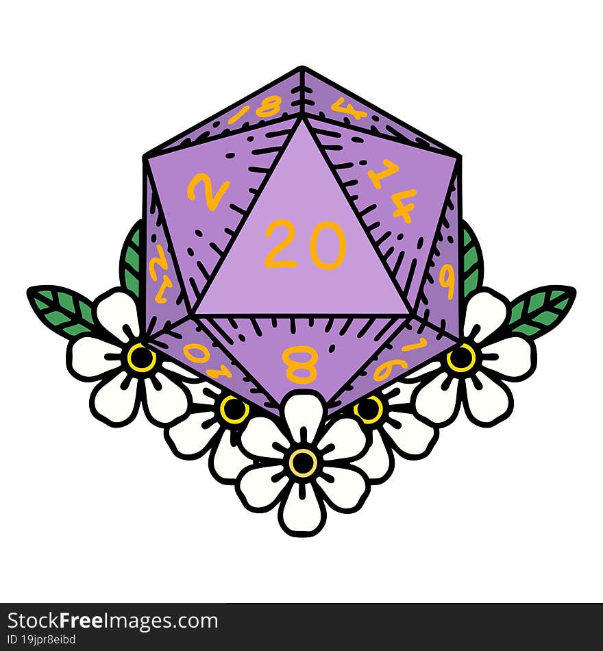 Retro Tattoo Style natural 20 D20 dice roll with floral elements. Retro Tattoo Style natural 20 D20 dice roll with floral elements