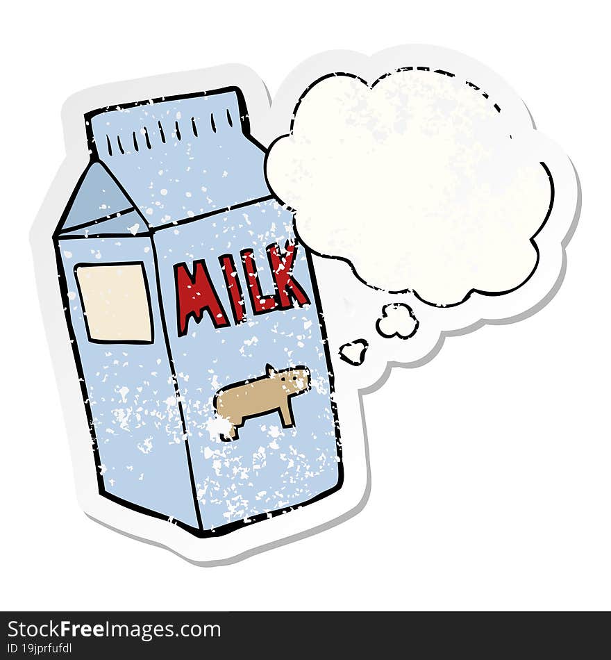 cartoon milk carton and thought bubble as a distressed worn sticker