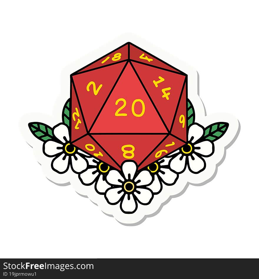 sticker of a natural 20 D20 dice roll with floral elements. sticker of a natural 20 D20 dice roll with floral elements