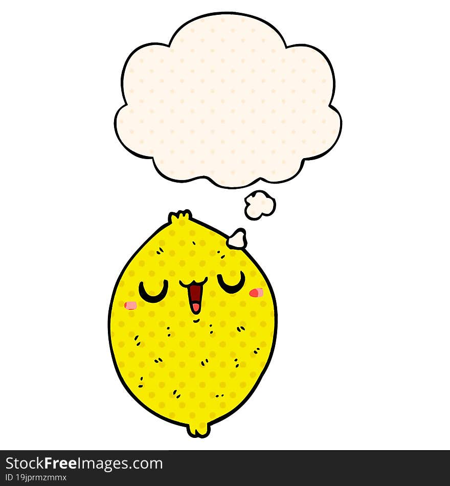 Cartoon Happy Lemon And Thought Bubble In Comic Book Style