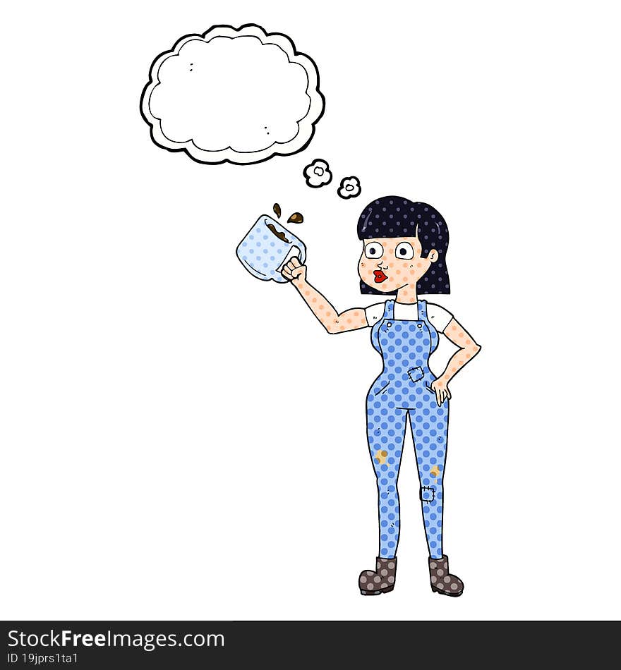 freehand drawn thought bubble cartoon female worker with coffee mug