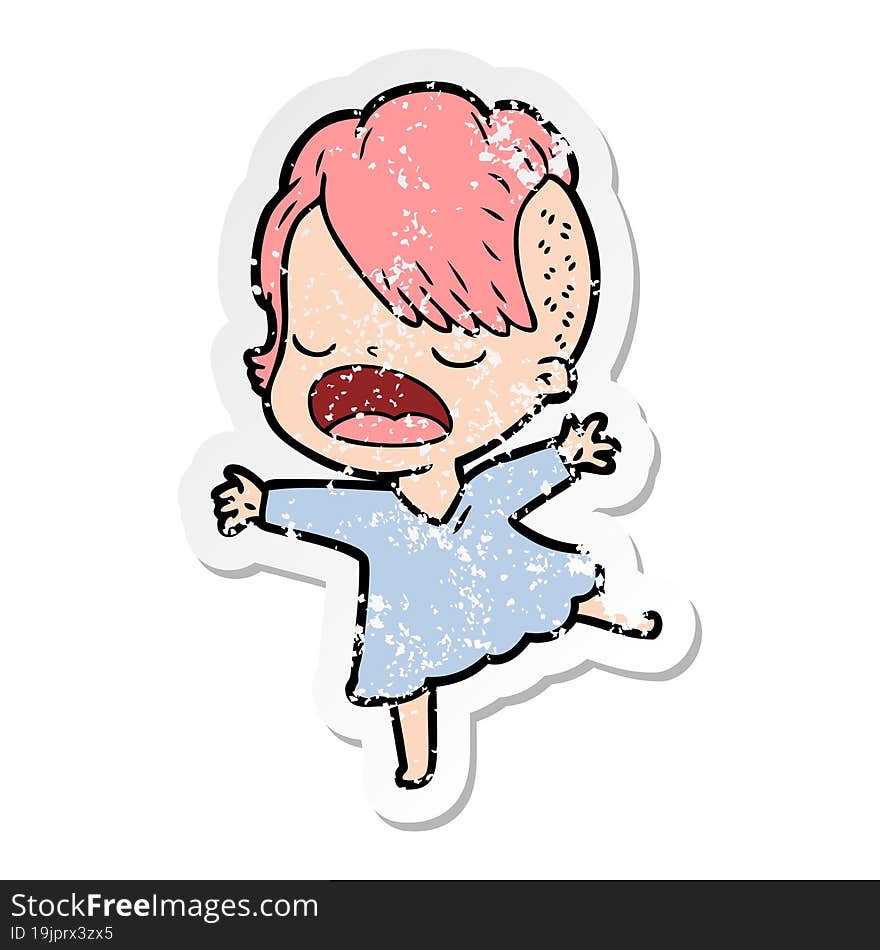 distressed sticker of a cartoon cool hipster girl talking