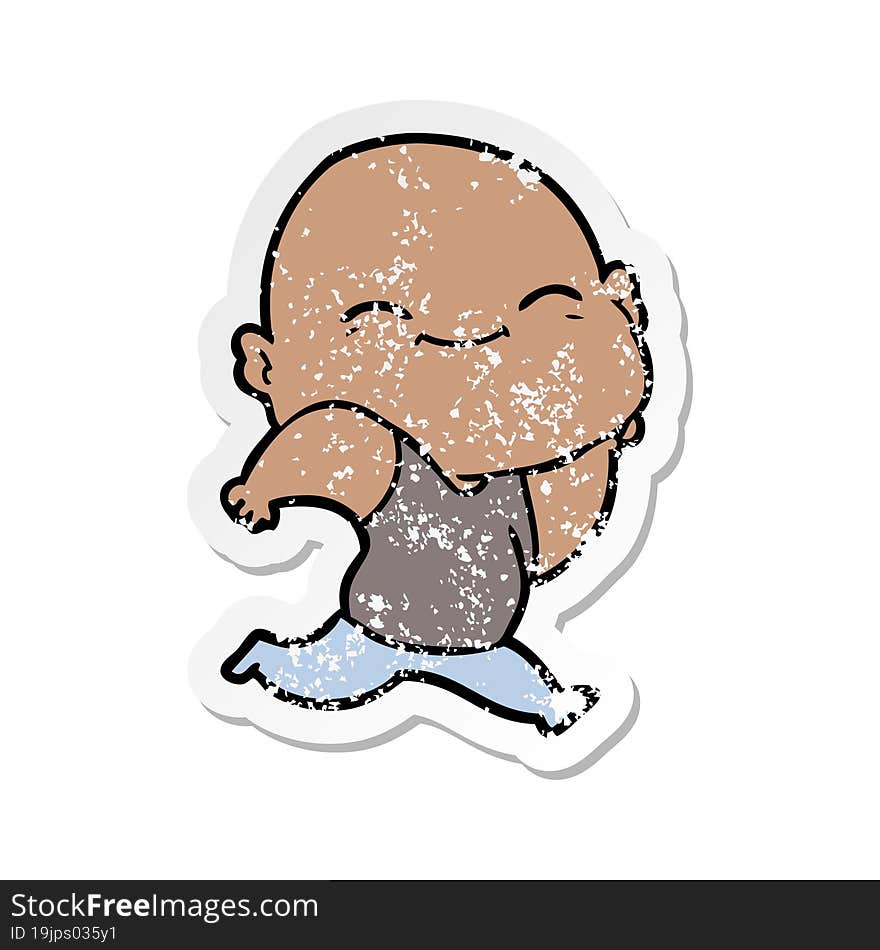 Distressed Sticker Of A Cartoon Happy Bald Man