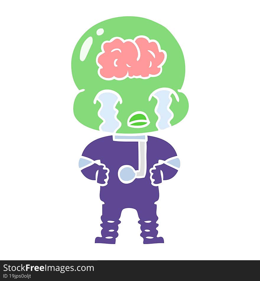 flat color style cartoon big brain alien crying