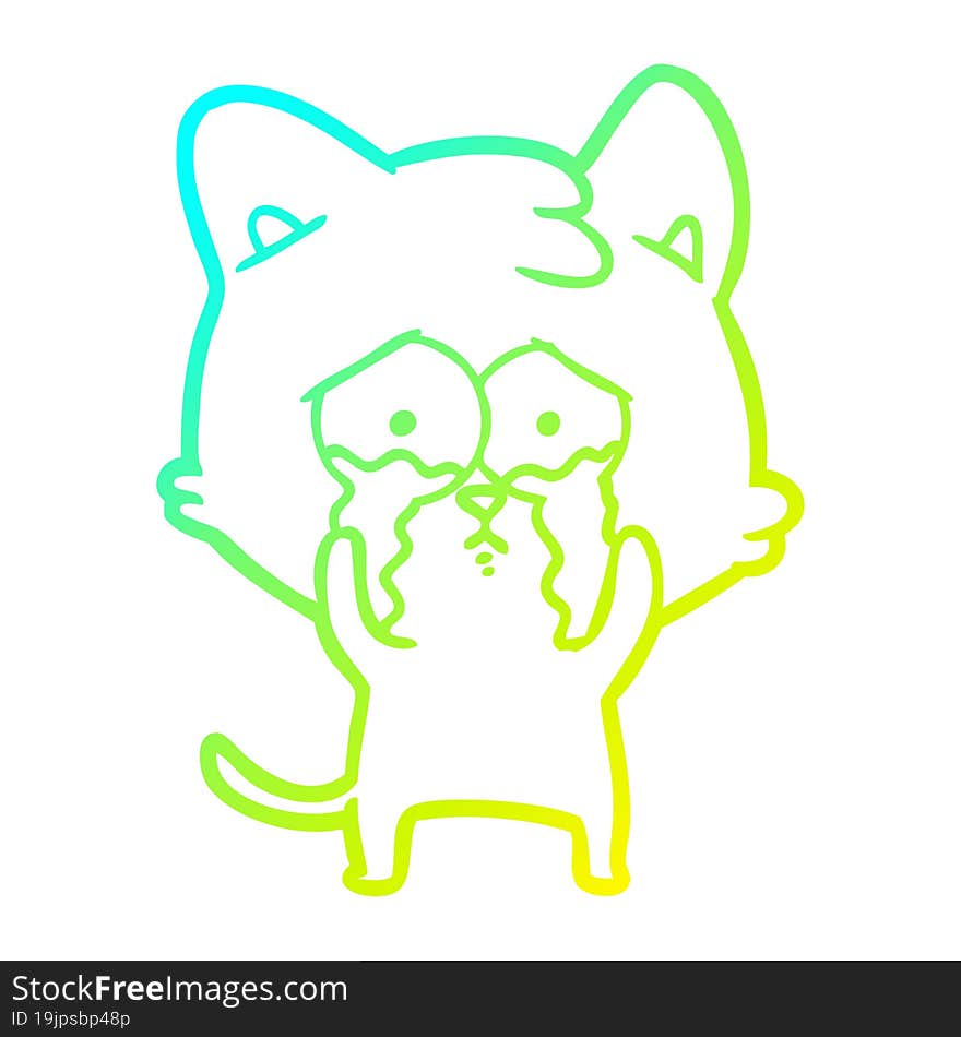 cold gradient line drawing of a cartoon crying cat