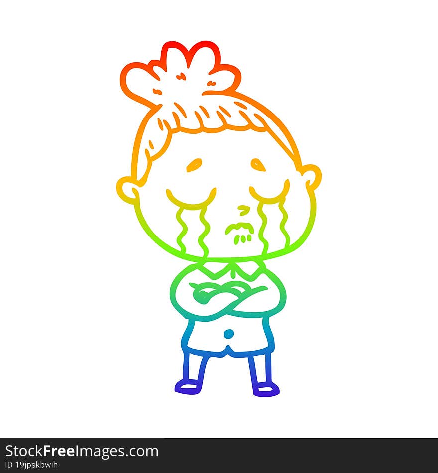 rainbow gradient line drawing of a cartoon crying woman