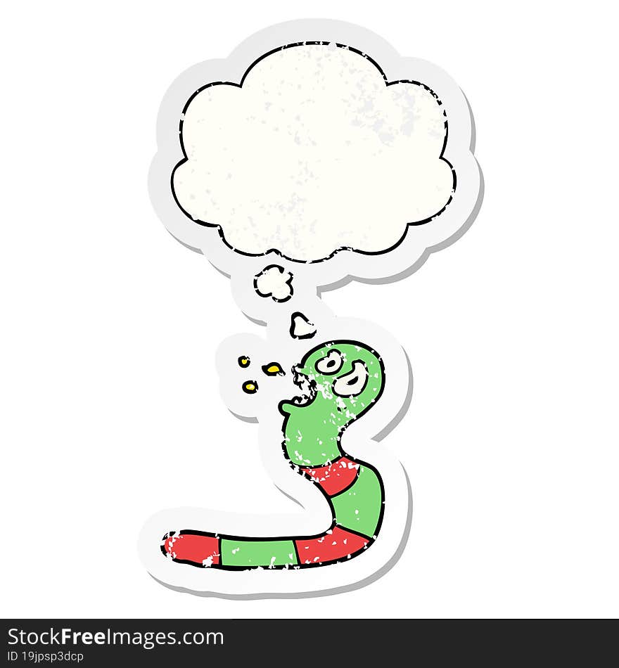 cartoon frightened worm with thought bubble as a distressed worn sticker