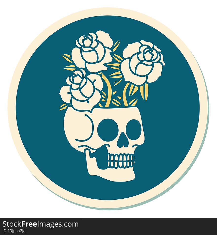 tattoo style sticker of a skull and roses