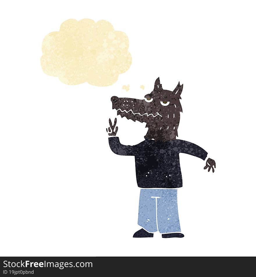 cartoon happy wolf man with thought bubble