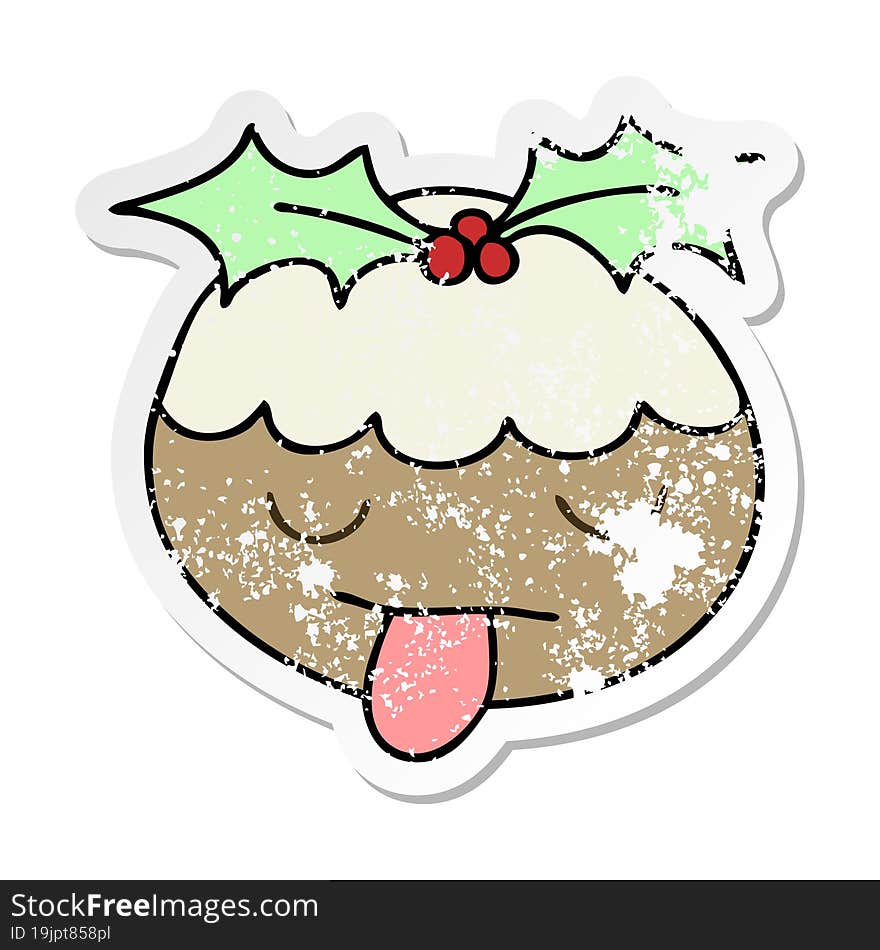 distressed sticker of a quirky hand drawn cartoon christmas pudding