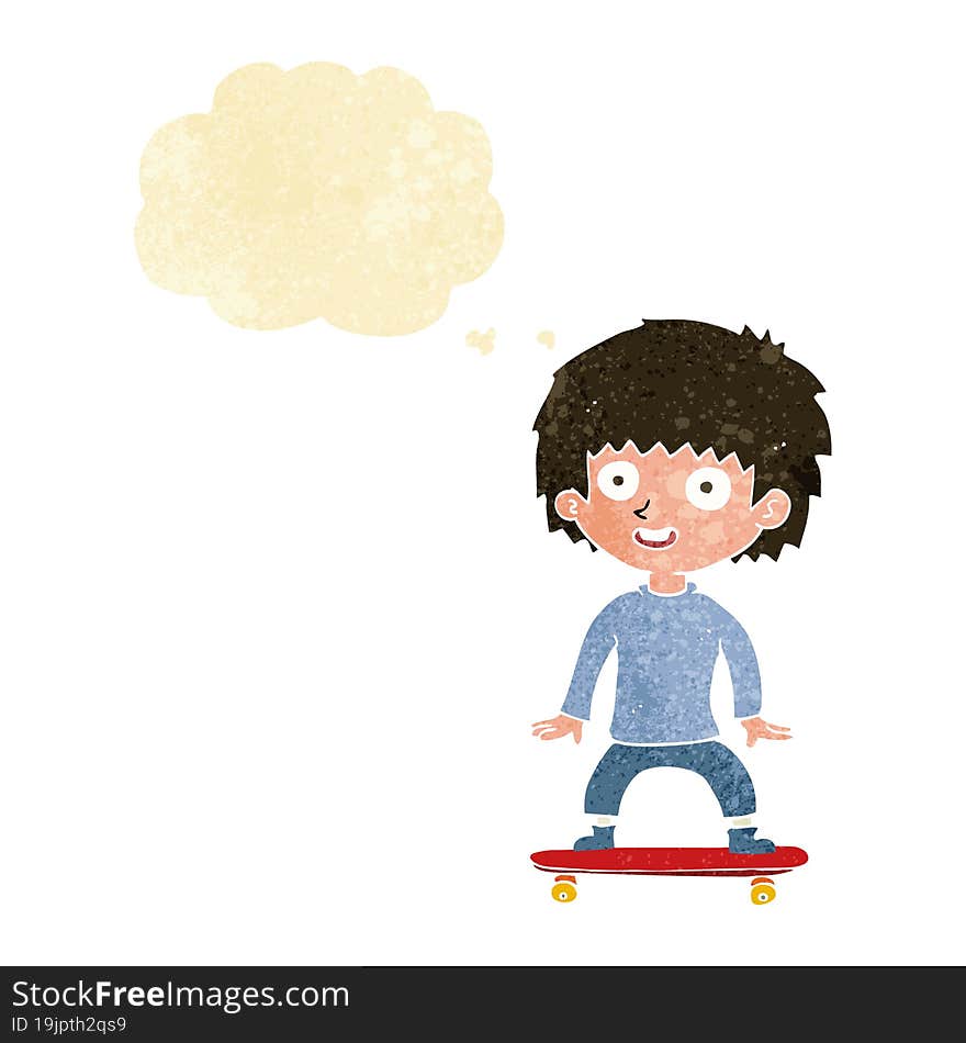 cartoon boy on skateboard with thought bubble