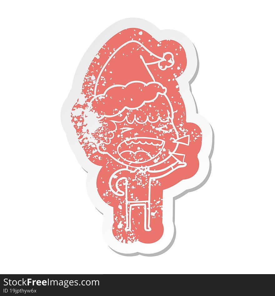 quirky cartoon distressed sticker of a laughing man wearing santa hat