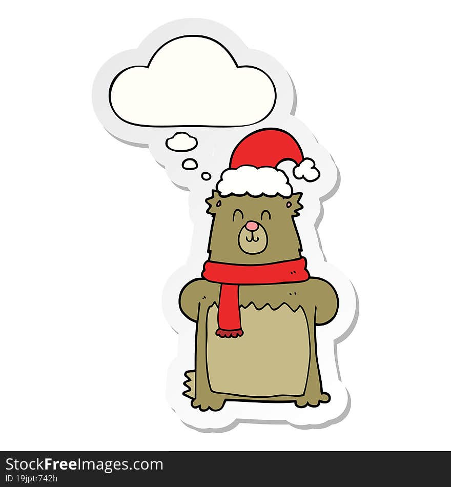 Cartoon Bear Wearing Christmas Hat And Thought Bubble As A Printed Sticker